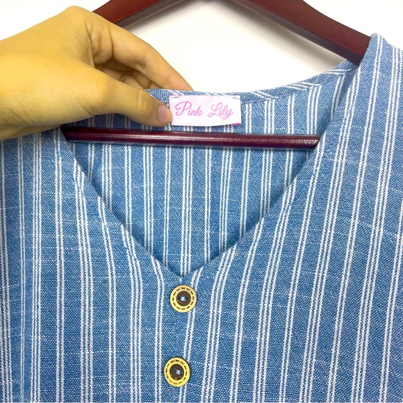 Pink Lily Women’s Linen Blend Babydoll Style Blouse Striped Small Boutique Boho - Picture 2 of 8